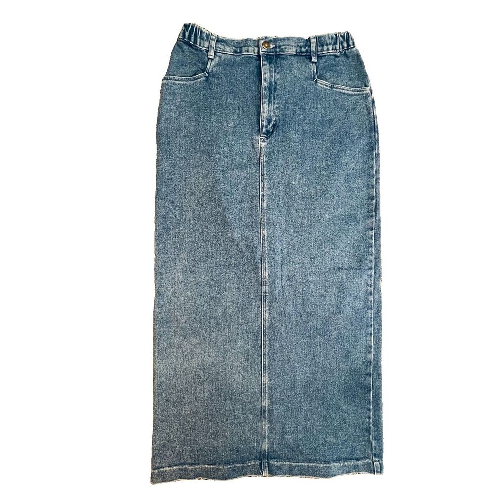 Denim & Co Long Denim Skirt Sz 12 Straight Light Wash Back Slit Vintage